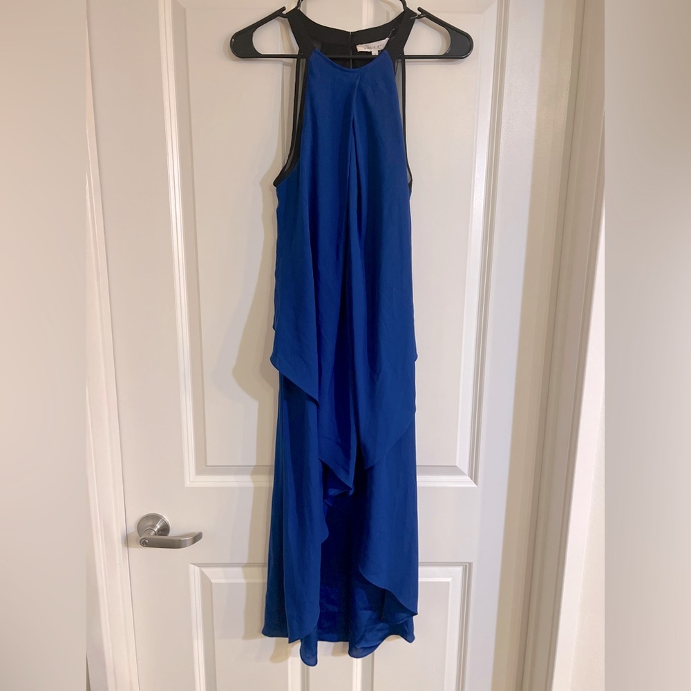 Mika & Gali flowy high-low crepe dress with racer back style and black contour